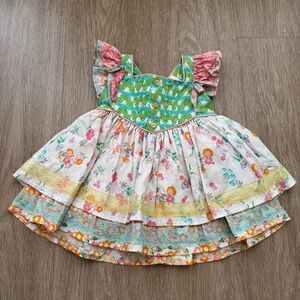 Wildflowers Green Pink Floral Tiered Ruffle Dress